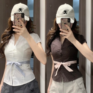 小海鸥春夏新款女装V领蝴蝶结系带短袖衬衫女收腰显瘦设计感上衣