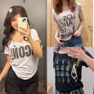 小海鸥美式Y2K字母印花斜肩圆领短袖T恤女夏季辣妹露肩打底上衣