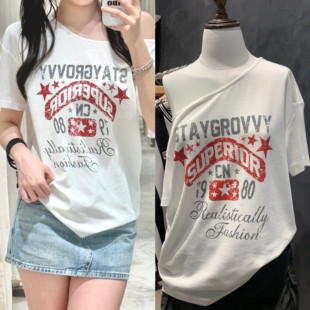 WM.MENGMENT美式辣妹字母印花斜肩宽松短袖T恤女炸街ins百搭上衣