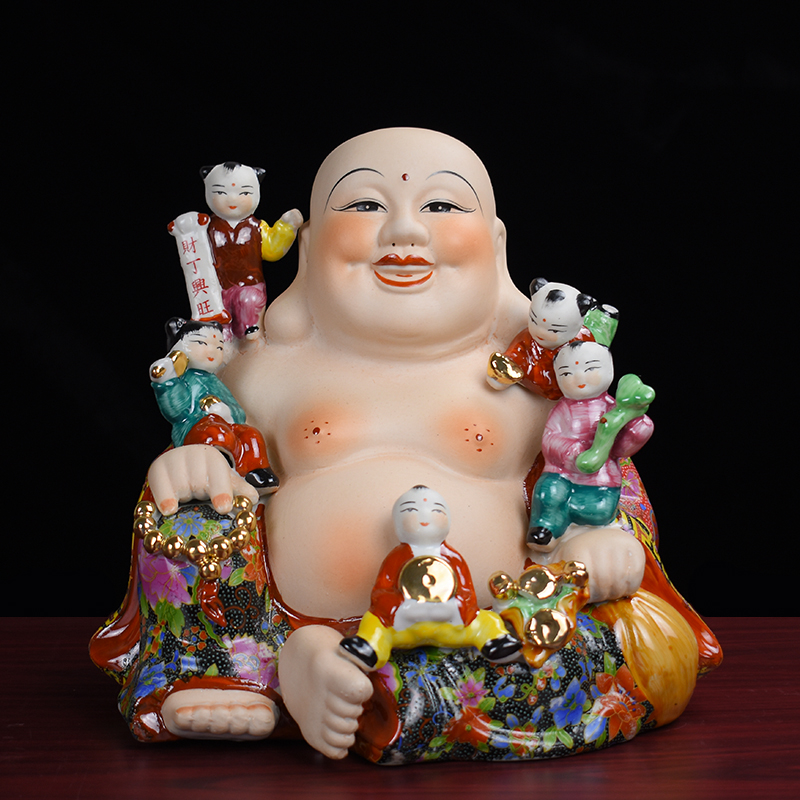 陶瓷五子登科弥勒佛摆件大肚笑佛瓷器佛像工艺品家居客厅摆设
