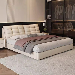 意式极简真皮床主卧现代简约网红双人床奶油风储物收纳榉木排骨架