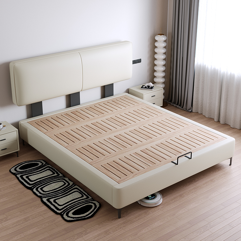 超薄床头真皮床意式极简小户型主卧可调节储物床榉木排骨架双人床