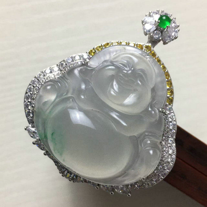 非洲翡翠冰种飘花佛公吊坠S925银镶嵌天然非洲翠大肚弥勒笑佛挂件