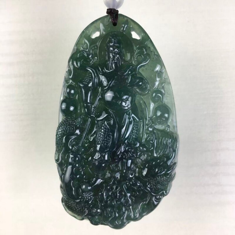天然危料翡翠a货冰蓝水武财神关公吊坠义薄云天关云长关二爷挂件