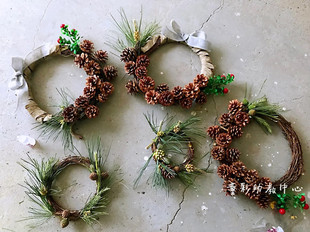 圣诞节幼儿园美式手工花环土茯干藤圈田园风复古吊饰门挂环创花店