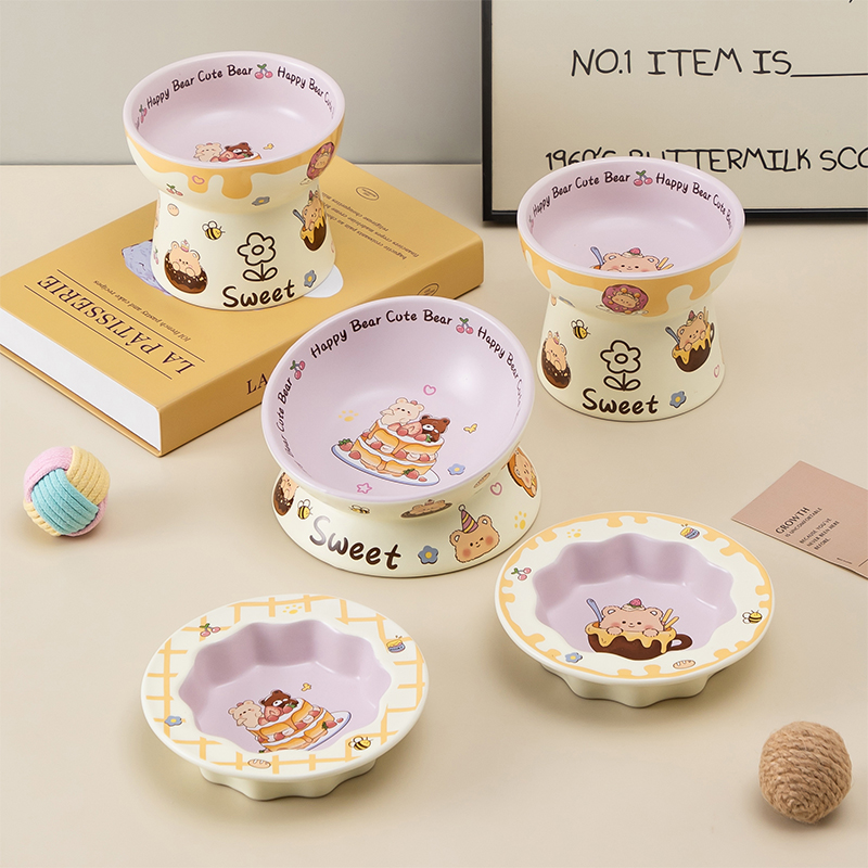 陶瓷猫碗猫咪饭碗猫粮碗狗碗狗食盆喝水碗高脚保护颈椎宠物碗套装