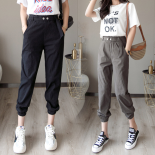 哈伦裤 束脚九分棉麻裤 子松紧腰亚麻萝卜裤 宽松bf冰丝休闲裤 女夏季