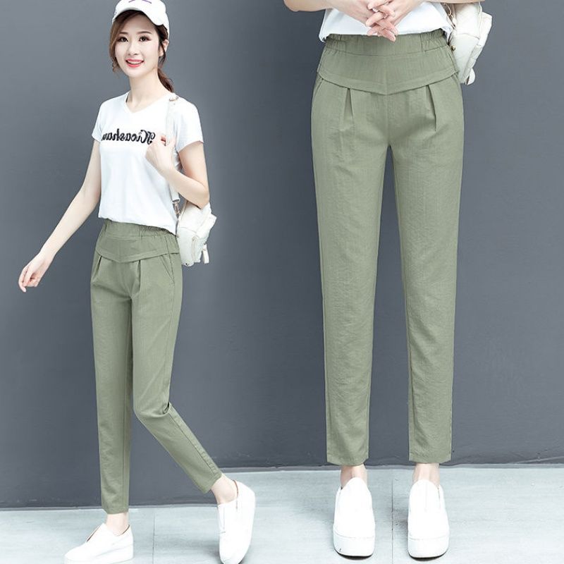 棉麻冰丝2023春夏新款韩版高腰直筒百搭显瘦休闲女哈伦长裤七分裤