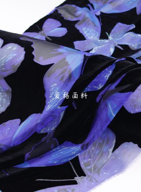 蓝色蝴蝶花 仿真丝烧花绒布料涤棉丝绒烂花旗袍连衣裙设计师面料