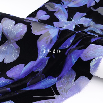 蓝色蝴蝶花 仿真丝烧花绒布料涤棉丝绒烂花旗袍连衣裙设计师面料