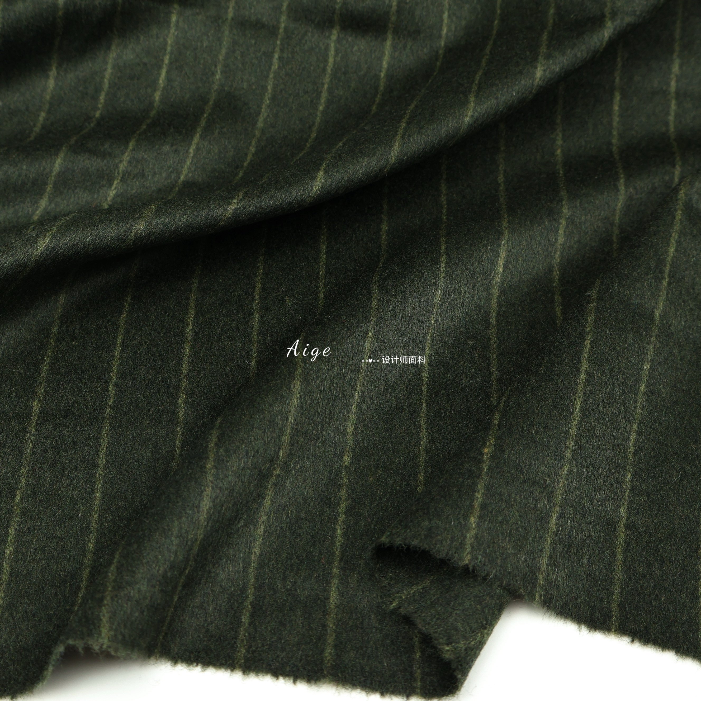 垂感细腻 墨绿色竖条纹顺毛羊毛毛料毛呢面料大衣西装裤半裙布料