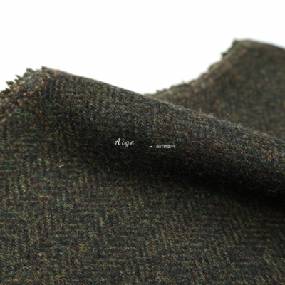 tweed进口 墨绿色彩纱混色小人字纹复古羊毛毛呢毛料面料西装布料