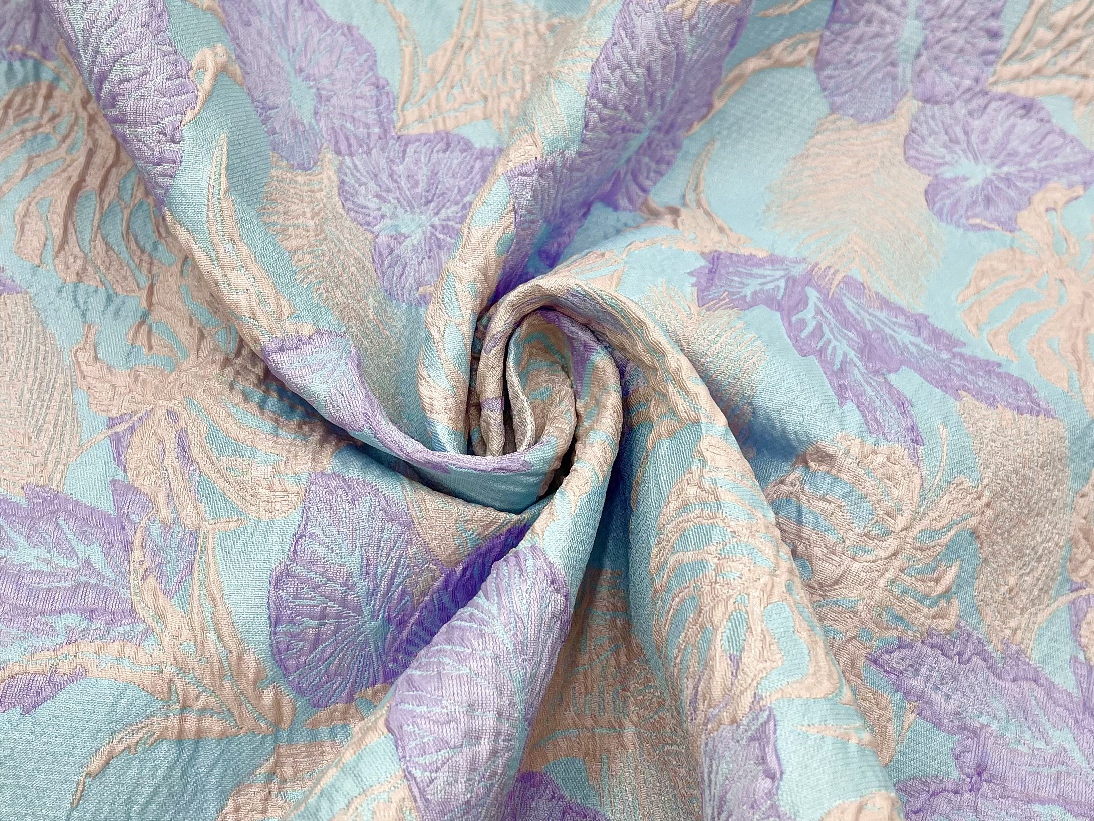 亲肤微阔 蓝粉紫马卡龙撞色树叶浮雕提花面料连衣裙套装旗袍布料