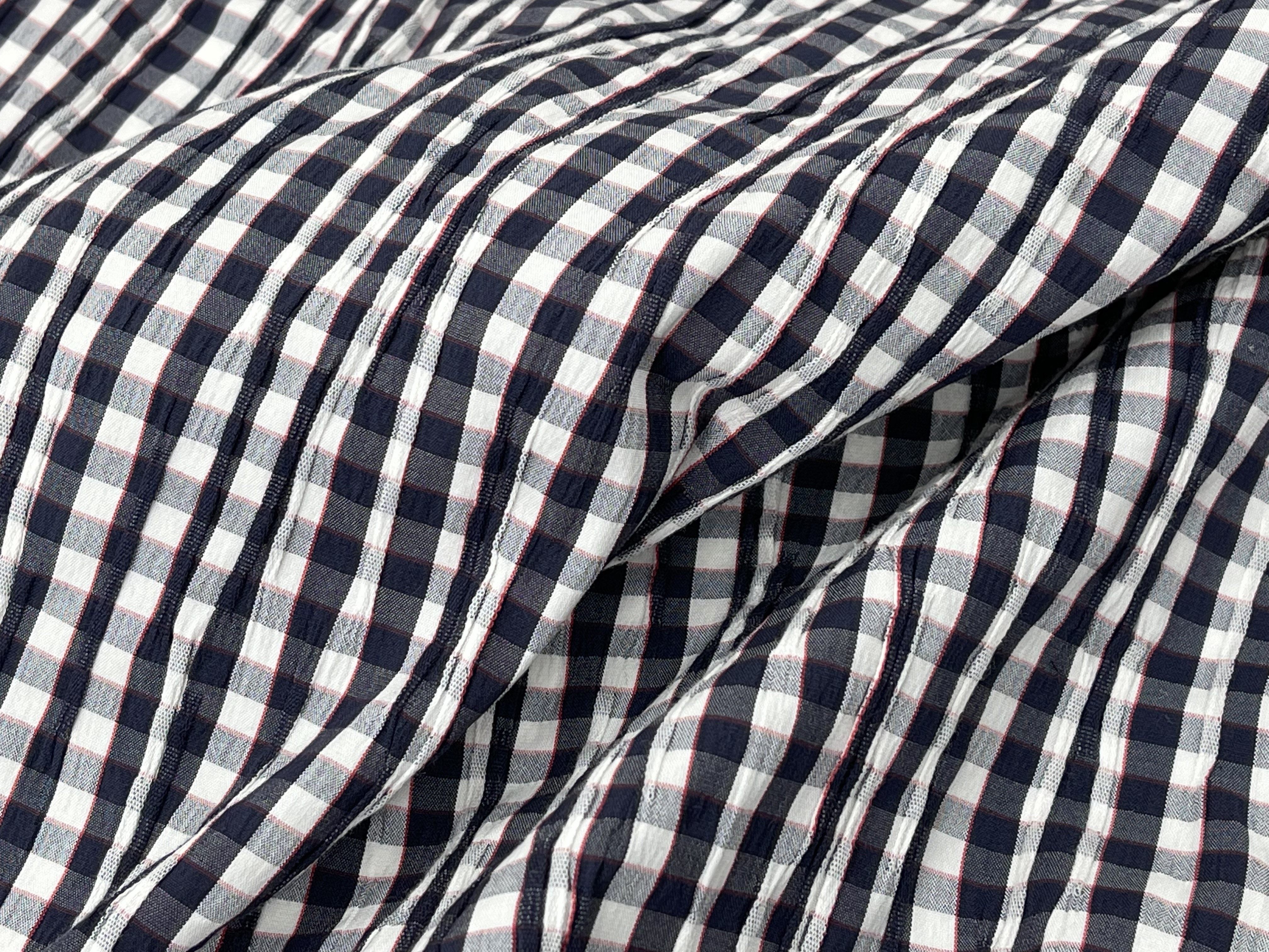 柔软亲肤 深藏青小格纹弹力褶皱肌理棉混纺面料春夏半裙衬衫布料