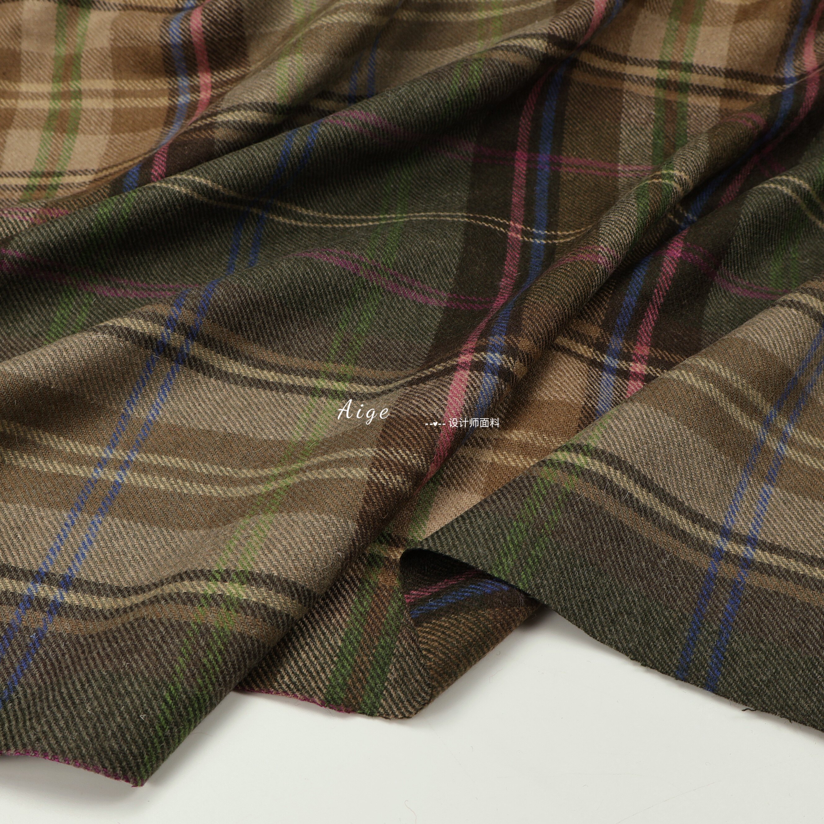 限量 绿棕色复古英伦格纹100%羊毛毛料毛呢面料西装裤子马甲布料