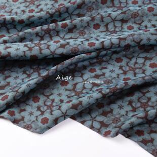 垂感不透 布料diy 复古蓝棕色小花印花仿香云纱仿真丝面料旗袍衬衫