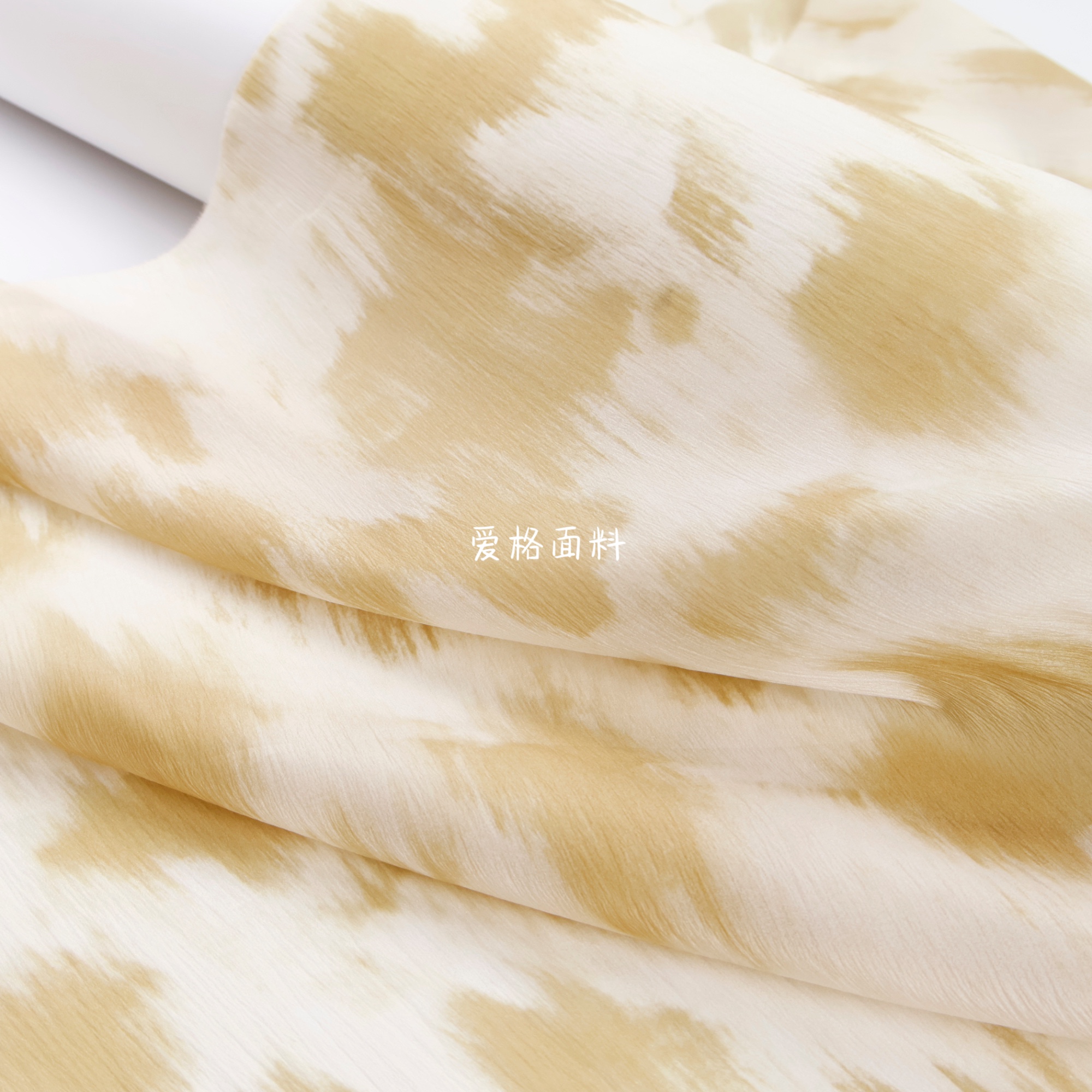 水墨晕染垂感微廓 黄色不规则印花欧根纱布料连衣裙衬衫diy面料