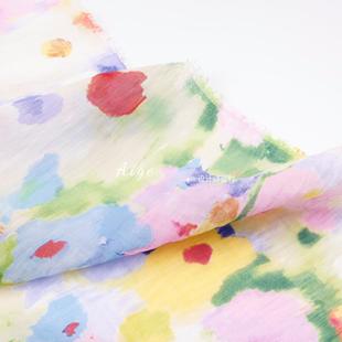 亲肤微透 七彩油画花朵印花苎麻天丝麻面料春夏衬衫旗袍裙子布料