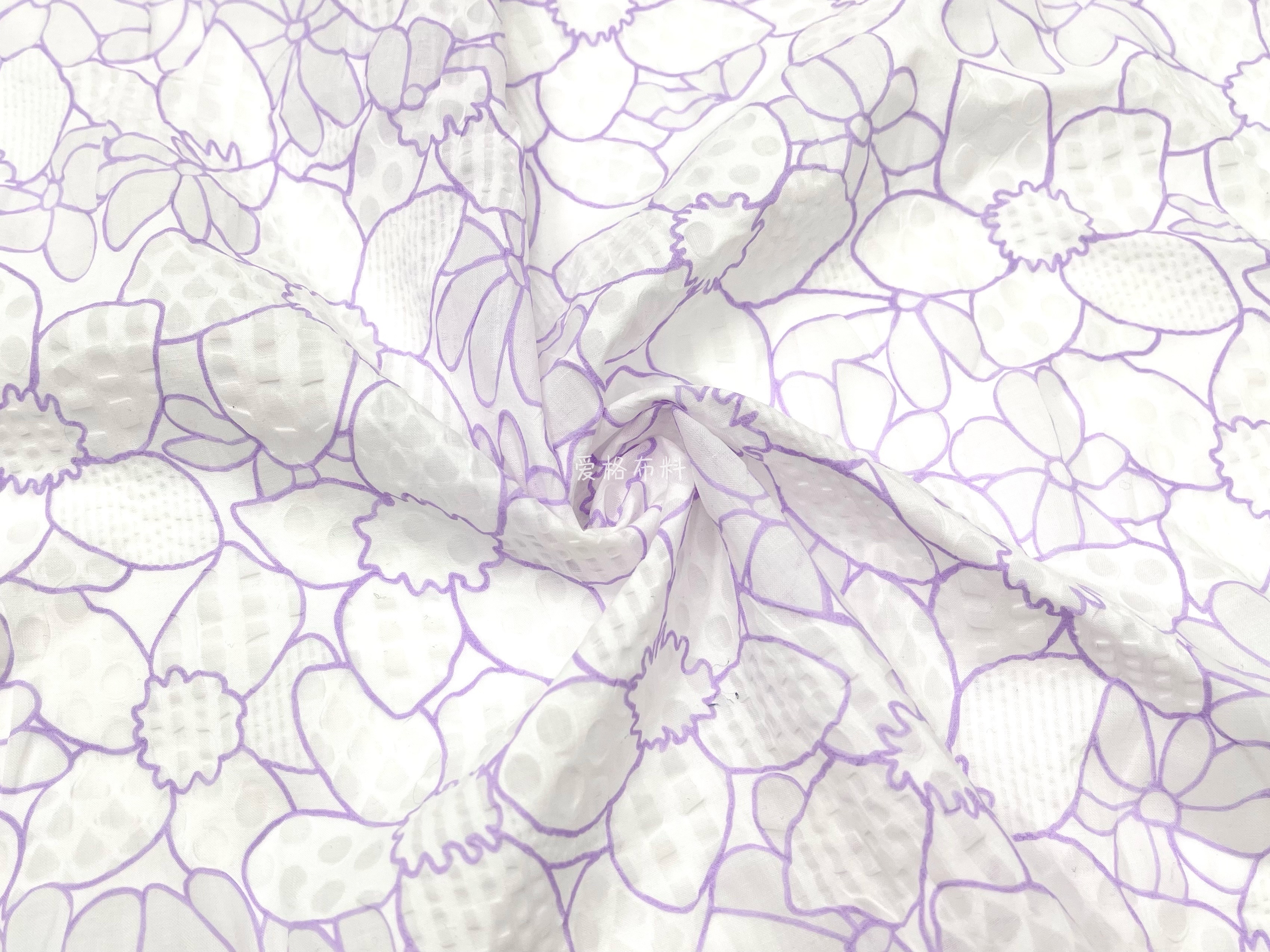 微廓微透 浅紫色泡泡盐缩印花高支棉全棉面料衬衫连衣裙春夏布料
