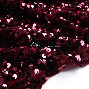 弹力光泽垂感 波尔多红色立体刺绣亮片丝绒面料连衣裙礼服布料DIY