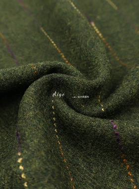 进口 绿色复古彩色竖条纹tweed羊毛毛呢毛料面料西装裤子大衣布料