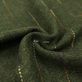 进口 绿色复古彩色竖条纹tweed羊毛毛呢毛料面料西装裤子大衣布料