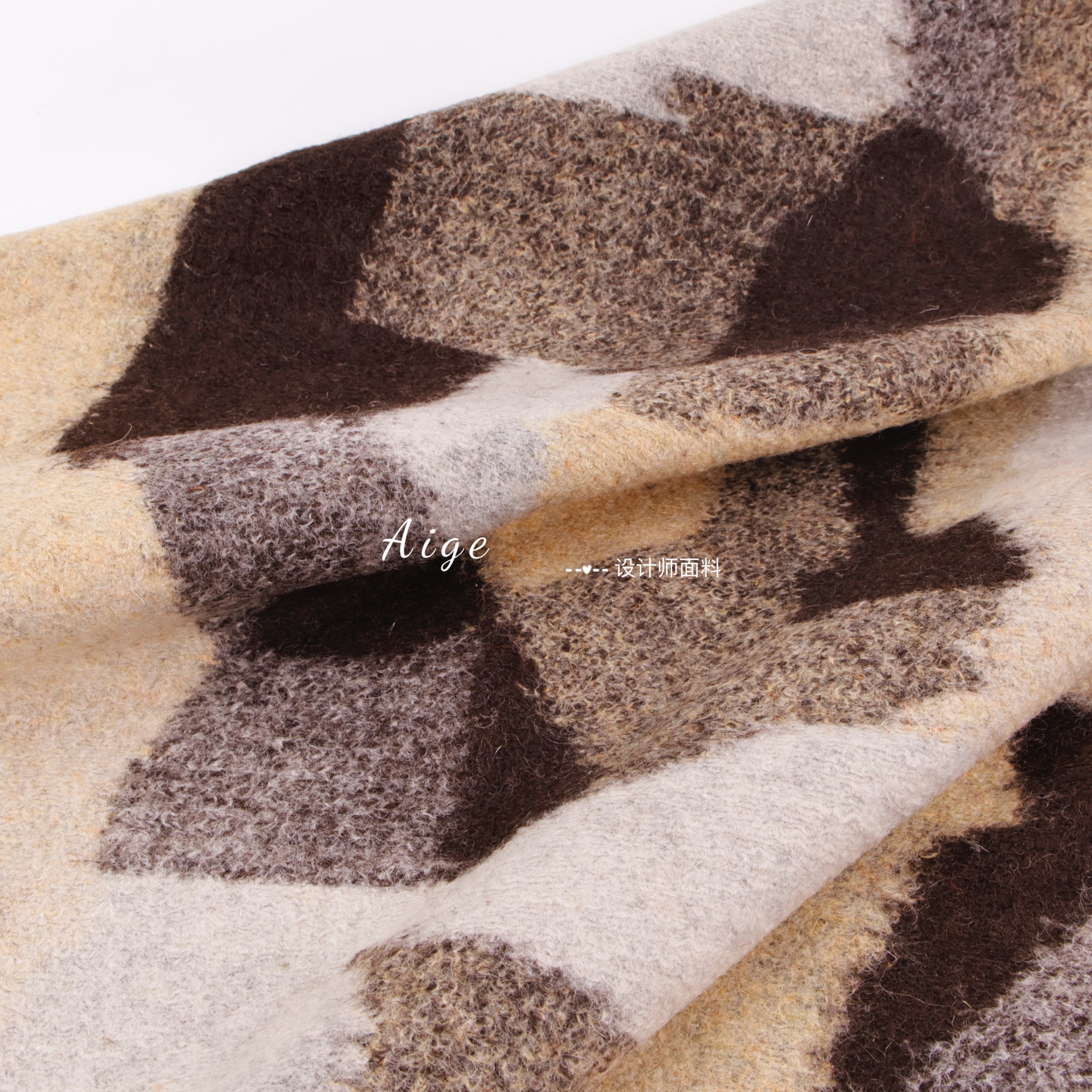 柔软微弹力 棕色几何图案进口针织羊毛毛呢毛料面料外套大衣布料
