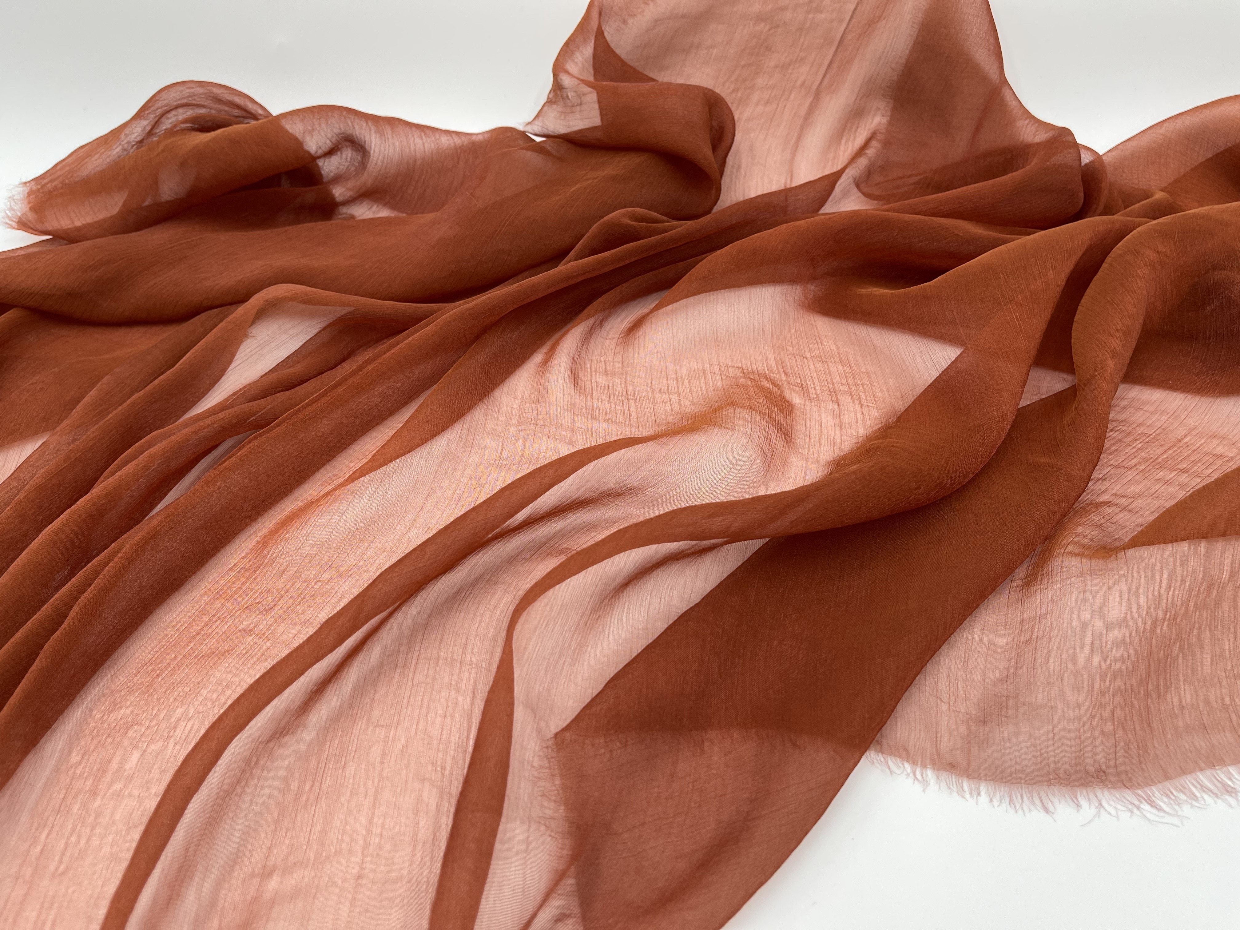 原装进口透明 光泽落日橘竖纹银丝琉璃雪纺纱面料纱裙汉服布料