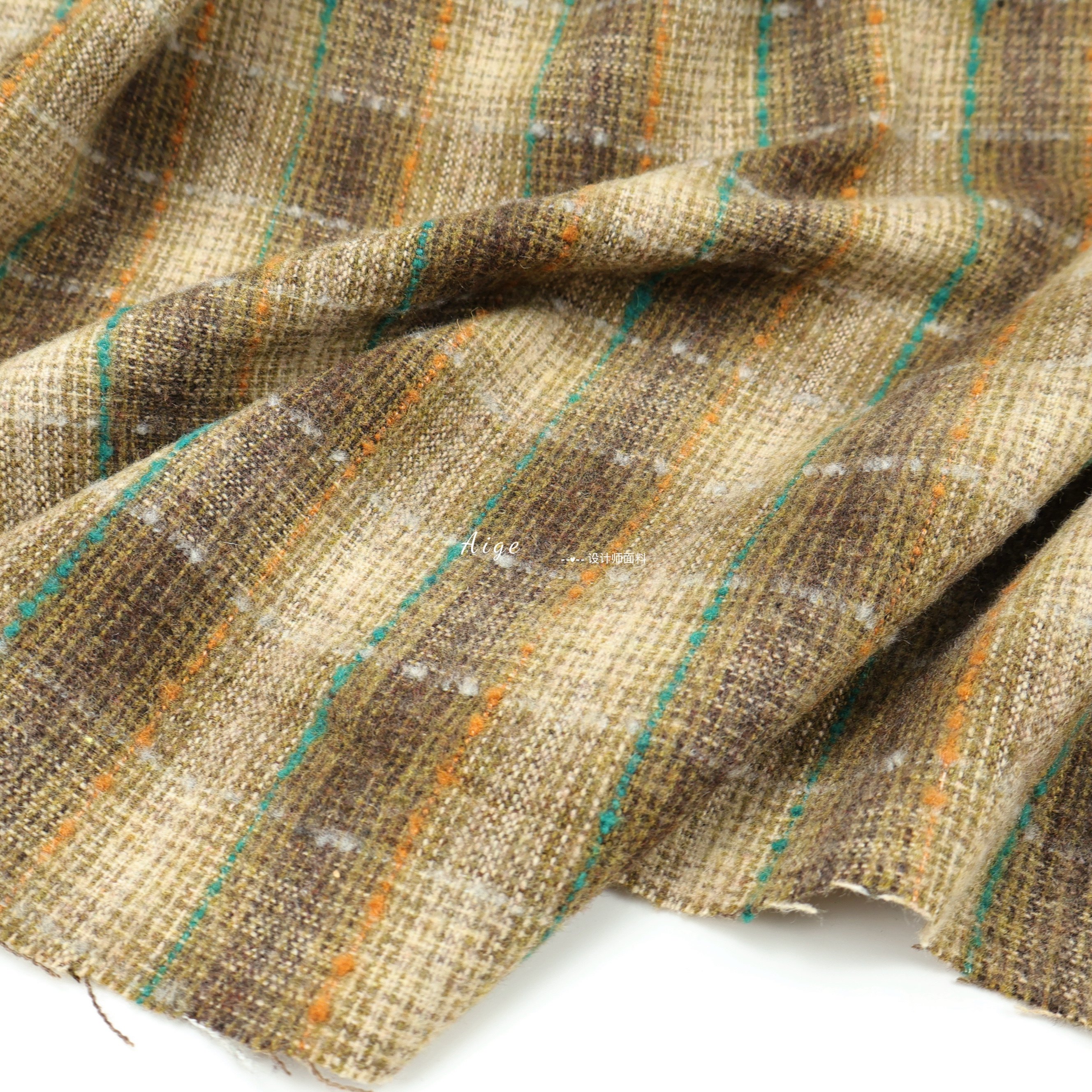 垂感 绿棕色渐变格纹羊毛毛料毛呢面料西装裤子套装大衣秋冬布料