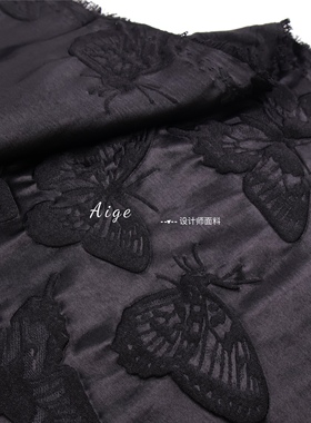 垂感光泽不透 黑色蝴蝶3D立体压花提花醋酸缎面料旗袍连衣裙布料