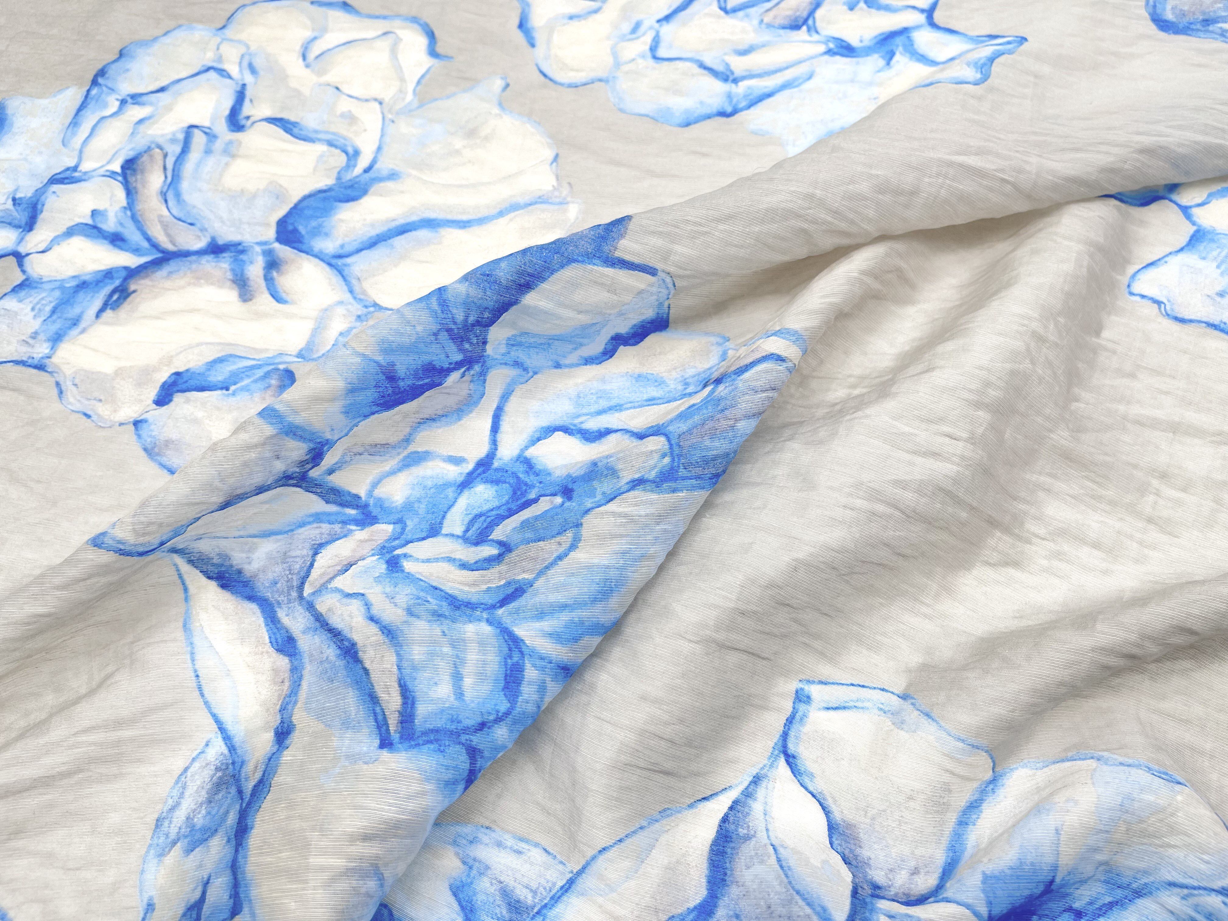 柔软微透 浅灰底蓝色晕染大花印花苎麻天丝麻面料旗袍汉服裙布料