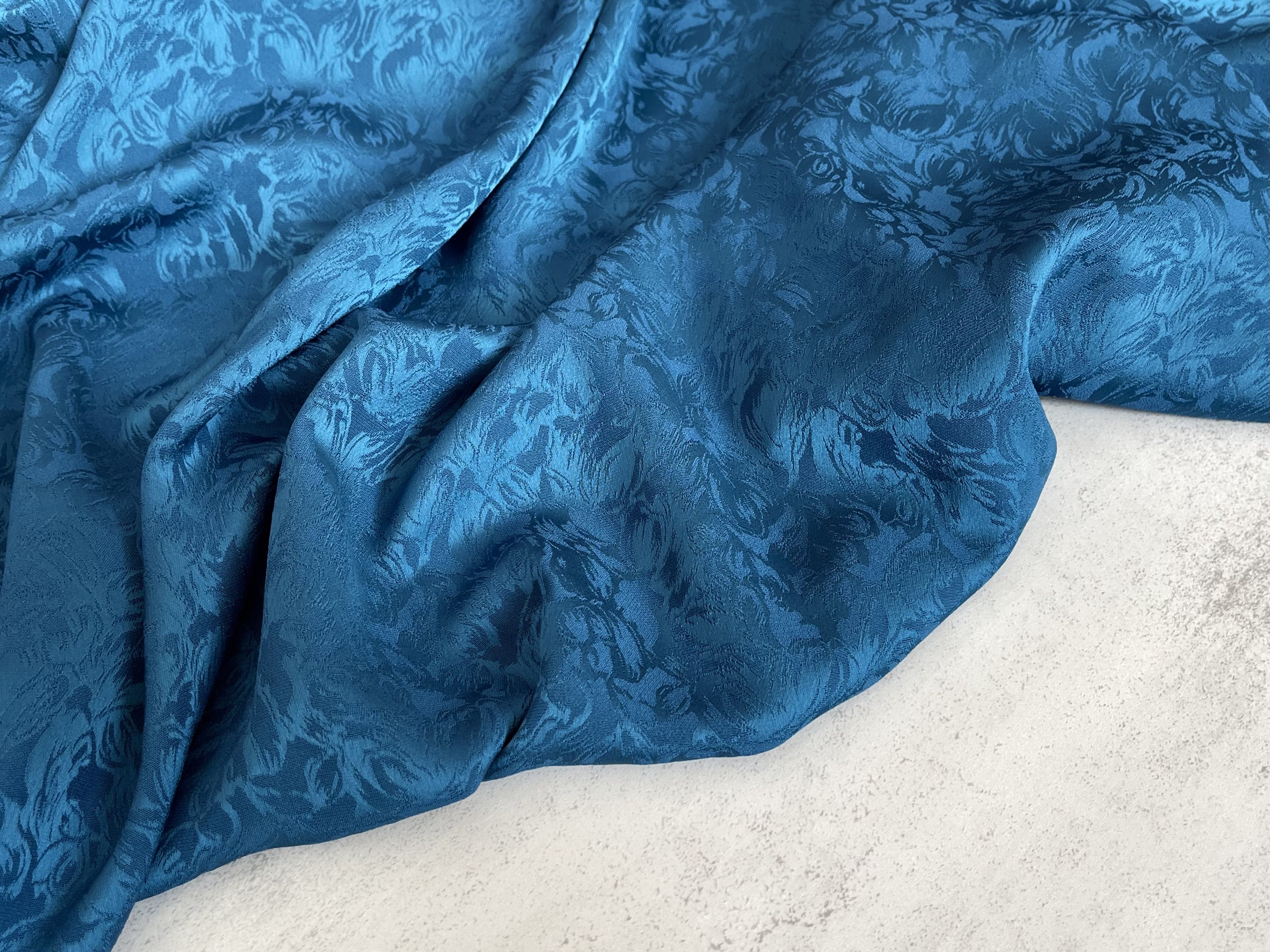 重磅光泽垂感 黛蓝色暗纹花朵提花麻纱缎面料汉服旗袍设计师布料
