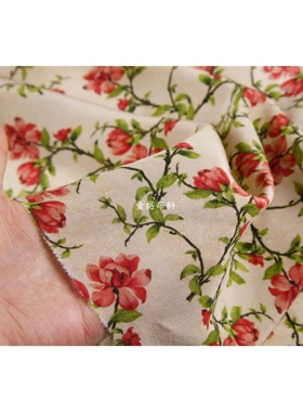 微弹力16姆米03双绉 卡其色红色桃花印花双绉桑蚕丝面料真丝布料