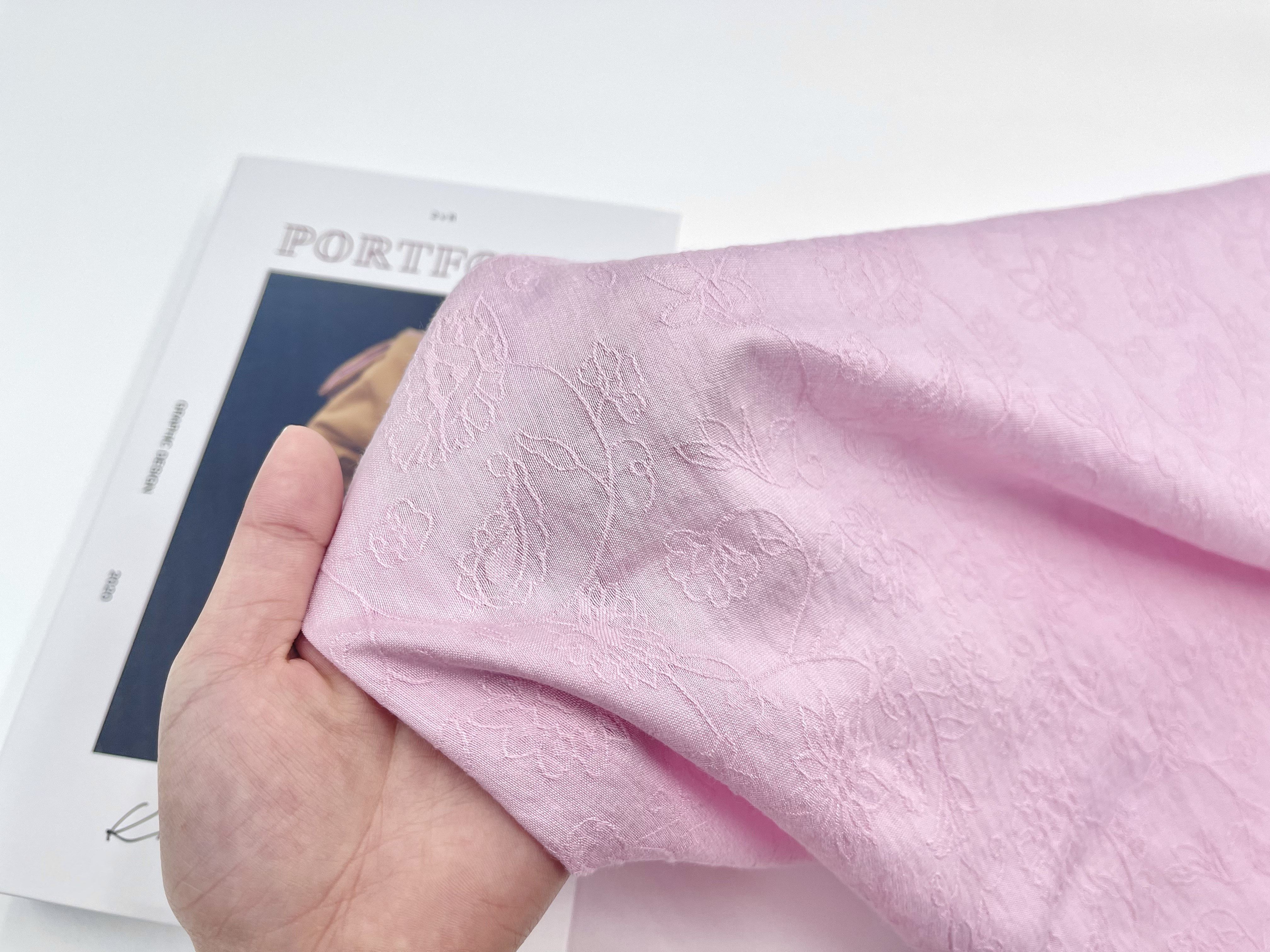 薄款亲肤 浅粉色暗纹古典花朵提花天丝麻亚麻面料旗袍汉服裙布料