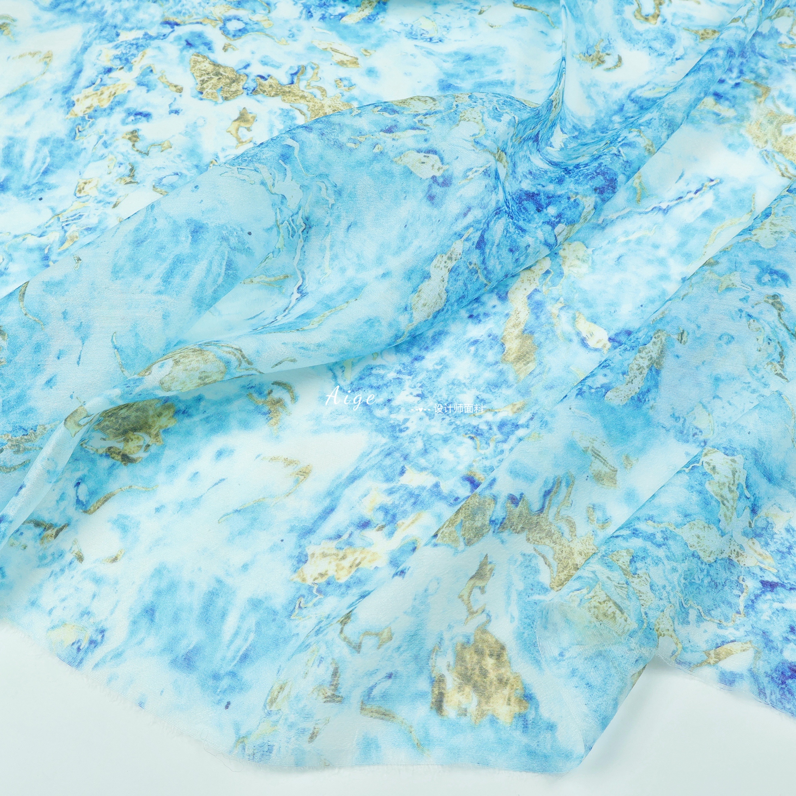 半透微筋骨 蓝色系海洋扎染印花真丝天丝亚麻桑蚕丝面料裙子布料