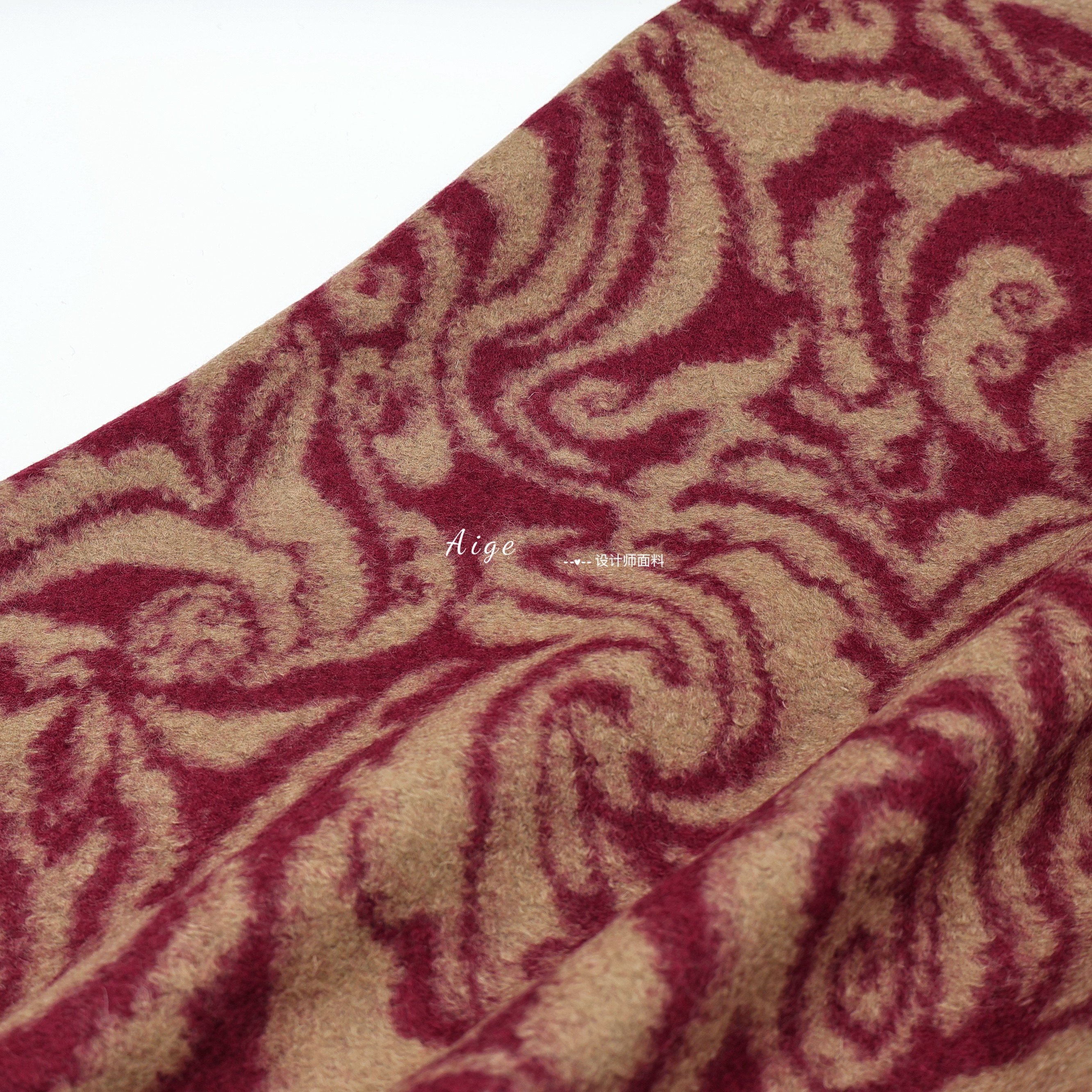 进口限量 vintage暗红棕色抽象花朵针织羊毛毛呢面料大衣半裙布料