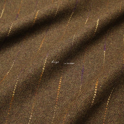 进口 棕色复古彩色竖条纹tweed羊毛毛呢毛料面料西装裤子大衣布料