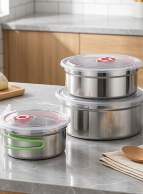 不锈钢密封保鲜盒304食品级 冰箱专用水果圆盒便携外出带盖收纳盒