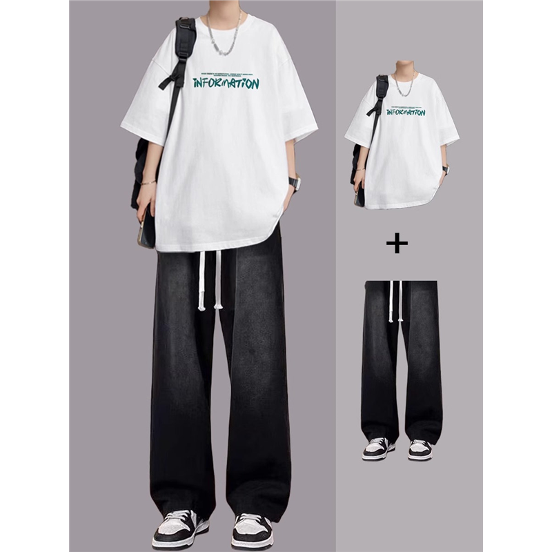 套头男生夏季半袖短袖休闲痞帅套装宽松男士新款一恤tins纯棉潮牌