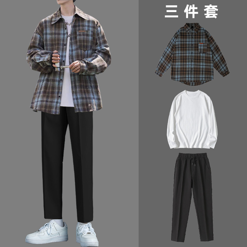 穿复古三件套美式搭配潮流衬衫长袖搭格子春秋季男一套西裤痞帅小,男装,时尚套装,淘宝优惠券,粉丝福利购,淘宝优惠卷