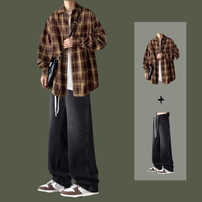 一套牛仔裤衬衫套装搭配男生格子潮流痞帅青少年衬衣两件套春秋季,男装,时尚套装,淘宝优惠券,粉丝福利购,淘宝优惠卷