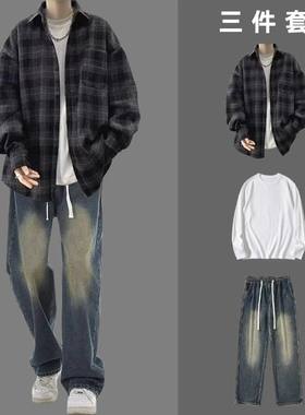 潮牌毛呢春秋季外套三件套牛仔裤格子帅气港风男复古搭配套装男生