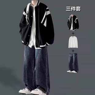 痞夹克搭配高街帅气美式穿拼色男装牛仔裤春秋季棒球搭服男款套装