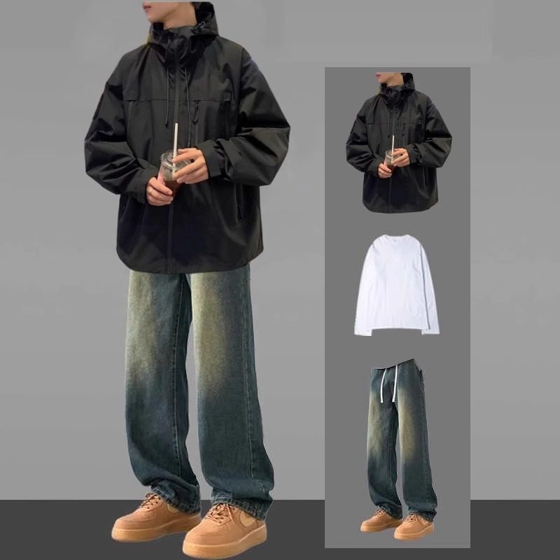 连帽三件套冲锋衣美式男生套装潮流外套春秋季痞潮牌夹克帅气高街,男装,休闲运动套装,淘宝优惠券,粉丝福利购,淘宝优惠卷