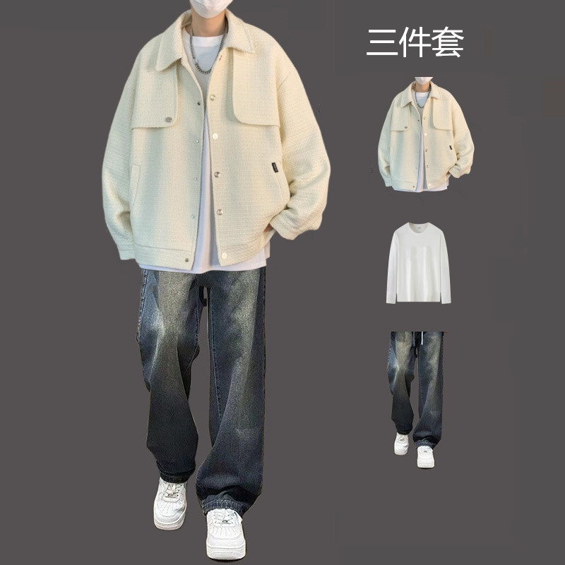 休闲宽松外套复古感痞帅春秋季套装美式夹克高级翻领设计潮流男生