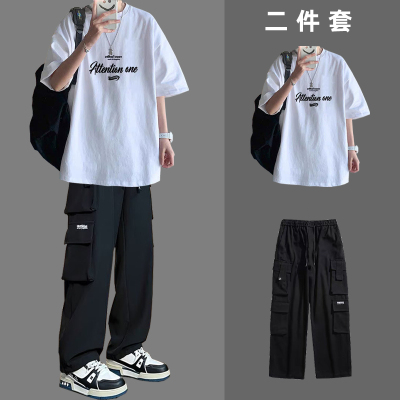 美式多短袖夏天男一套工装日系潮牌风格套装长裤街头搭配口袋T恤