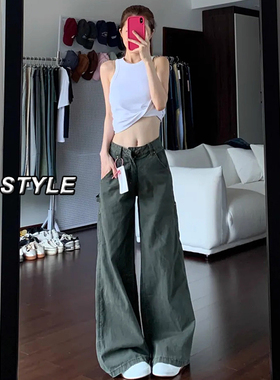 145小个子复古军绿色工装弯刀牛仔裤女秋季高腰直筒阔腿拖地裤子