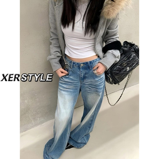 显瘦宽松长裤 女春季 潮 高腰水洗抓纹直筒牛仔裤 145小个子高街美式