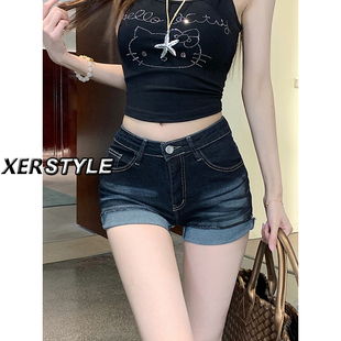 深蓝色卷边短裤 145小个子辣妹高腰性感超短裤 女夏季 牛仔裤 子 热裤