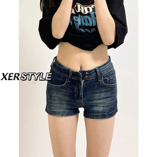 直筒显瘦a字热裤 新款 子 女夏季 145小个子深蓝色低腰两粒扣牛仔短裤